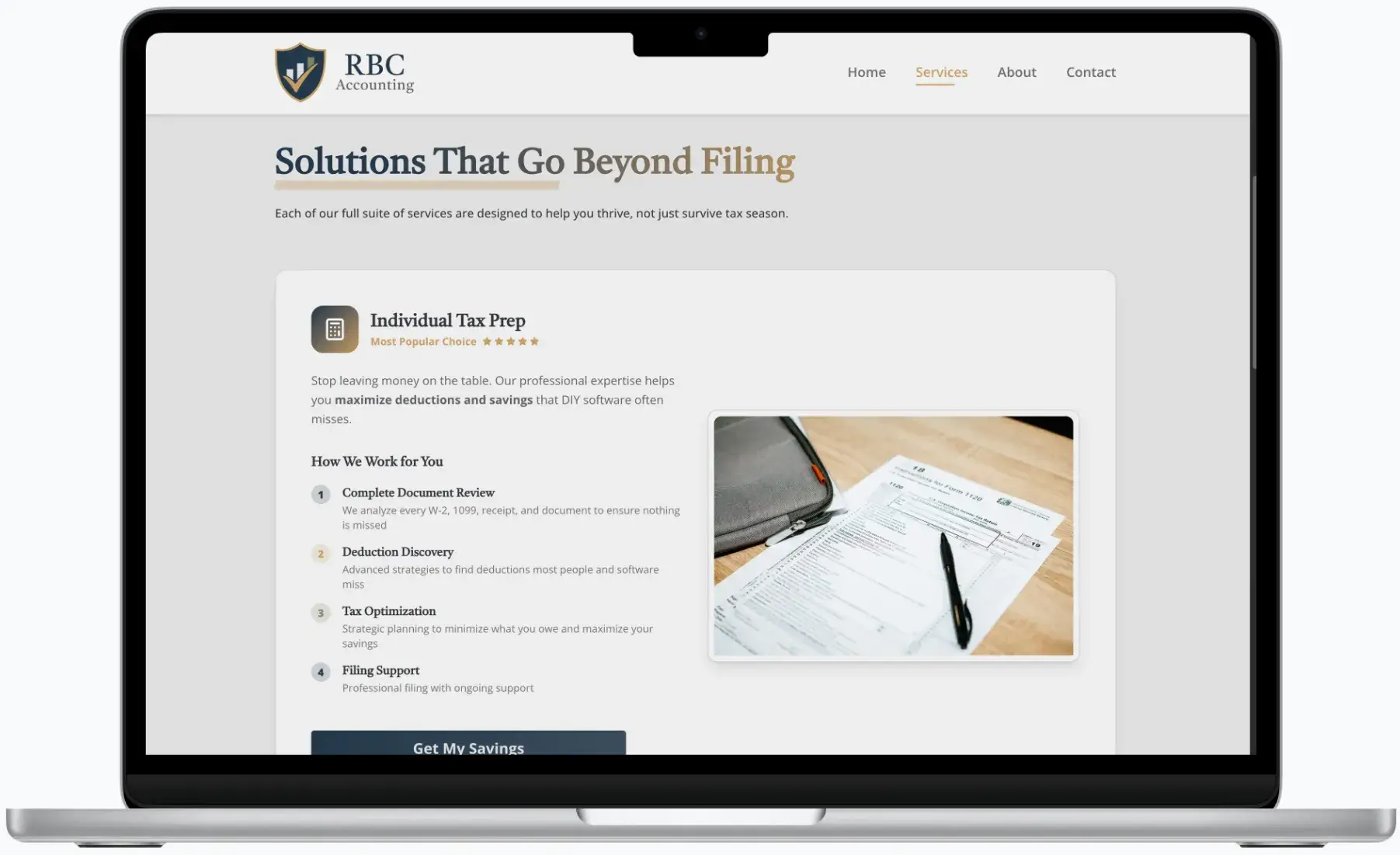 After screenshot: RBC Accounting website with clear tax services, mobile-friendly contact, and trustworthy branding