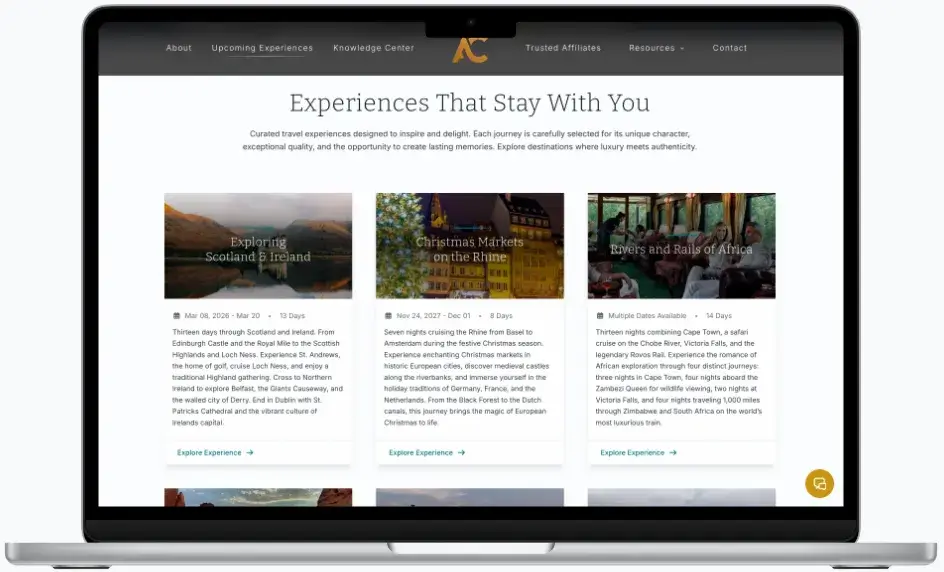 After screenshot: Acosta Curated Travel website with Knowledge Center blog, curated experiences, and sophisticated design
