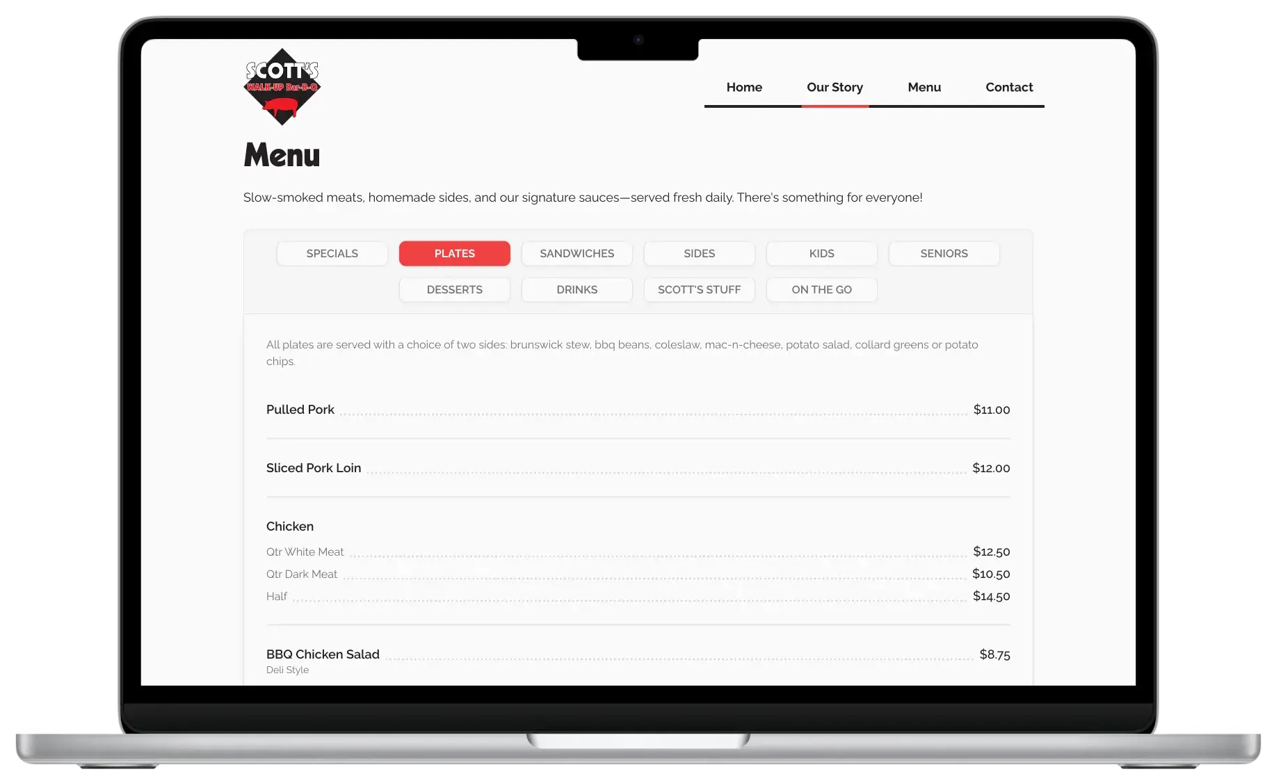 After screenshot: Scott’s Walk-Up Bar-B-Q website with an HTML menu, clear hours, and larger tap targets