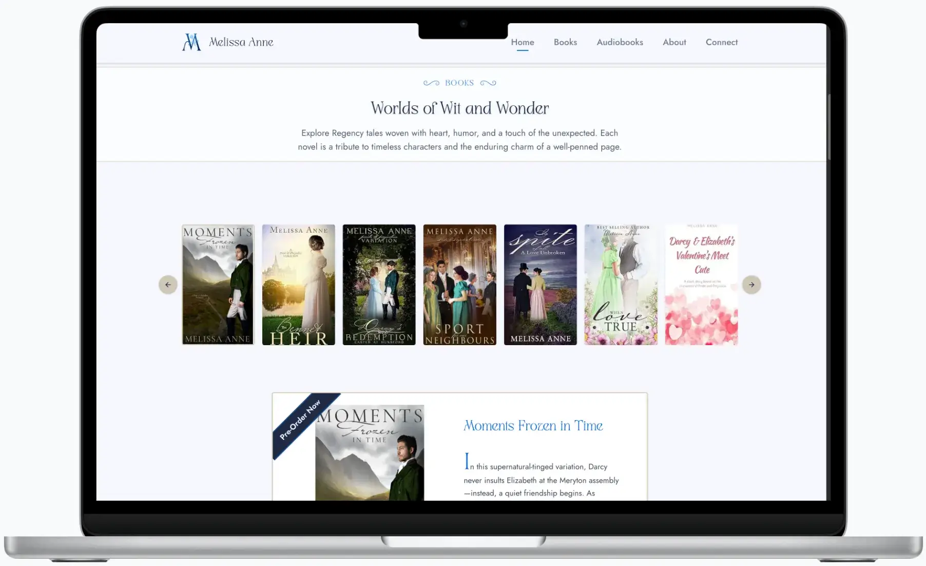 After screenshot: Melissa Anne author website with book catalog, clear navigation, and reader-focused design