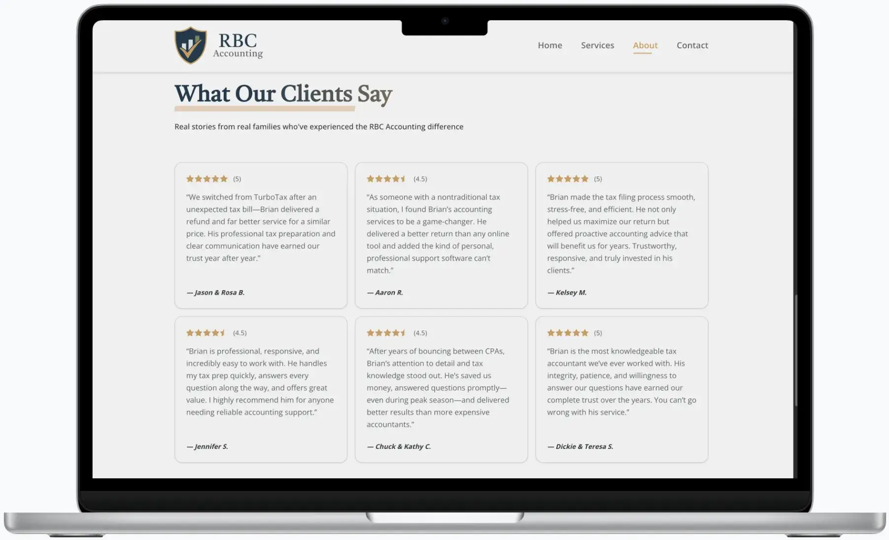 After screenshot: RBC Accounting website with clear tax services, mobile-friendly contact, and trustworthy branding