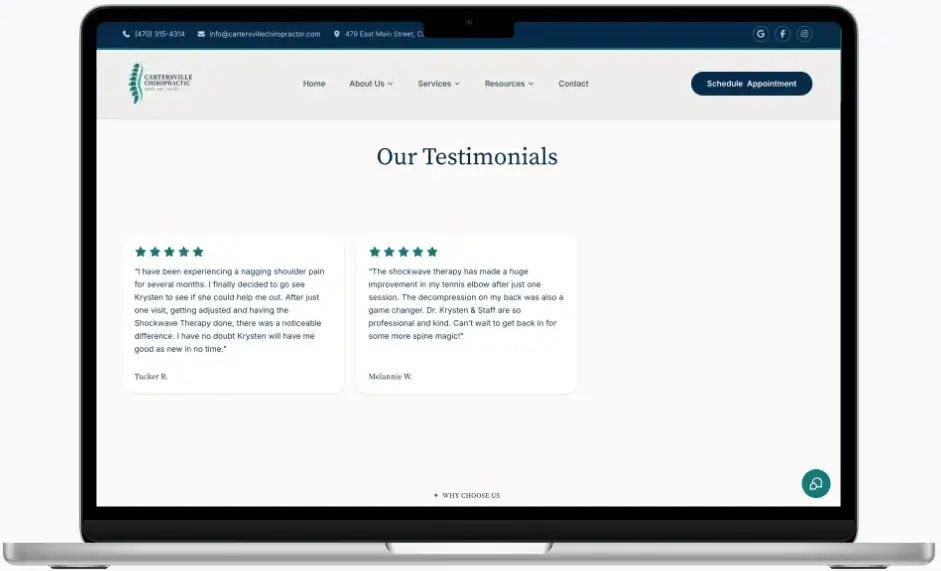 After screenshot: Cartersville Chiropractic website with professional branding, clear services, and patient-focused design