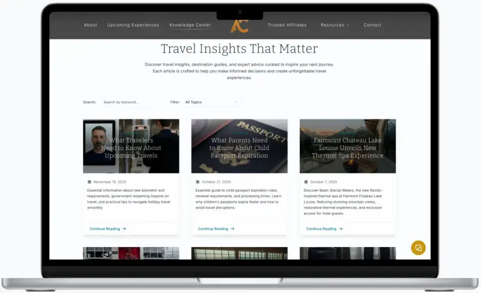 After screenshot: Acosta Curated Travel website with Knowledge Center blog, curated experiences, and sophisticated design