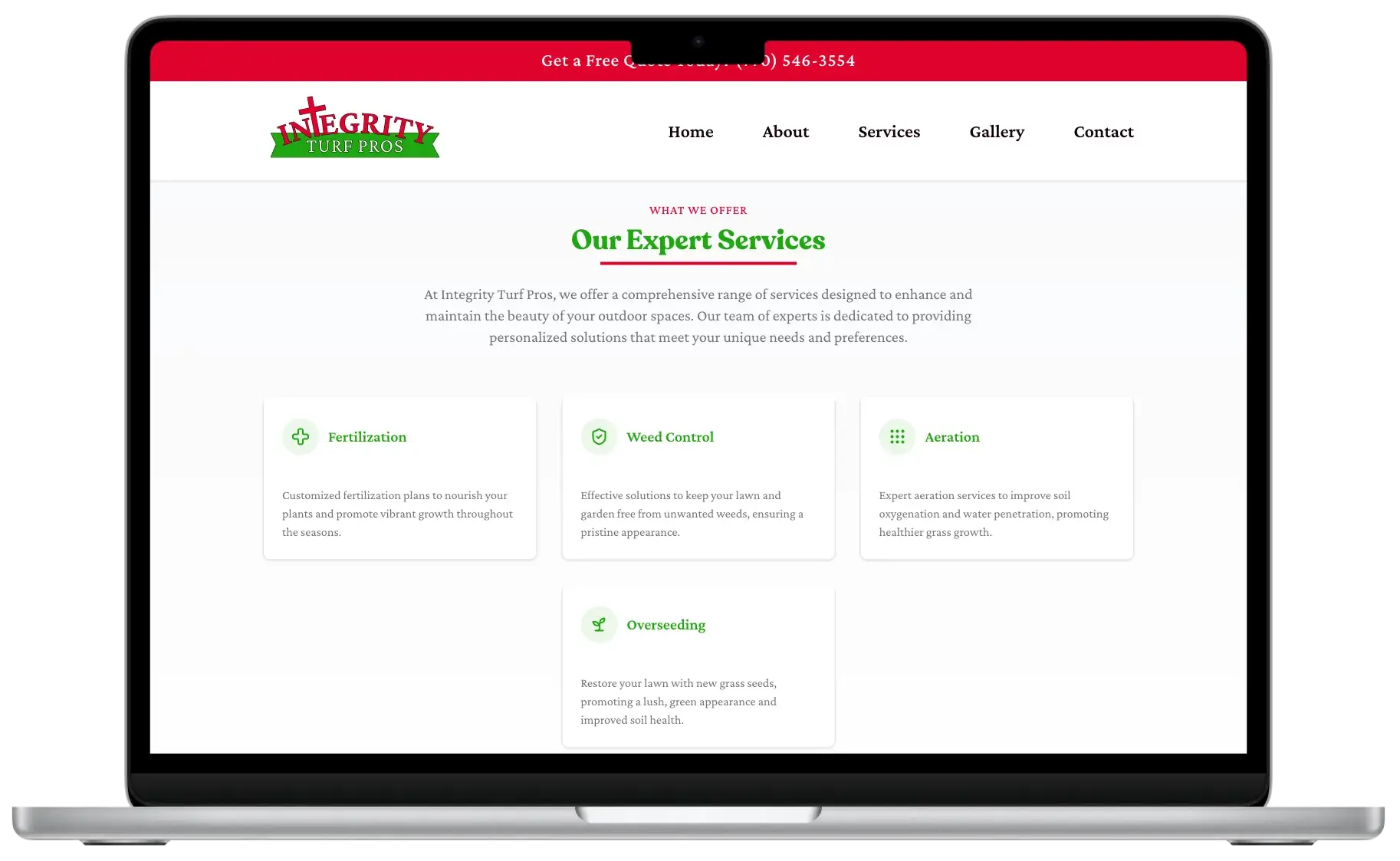 After screenshot: Integrity Turf Pros website with clear services, mobile-friendly contact, and trustworthy branding