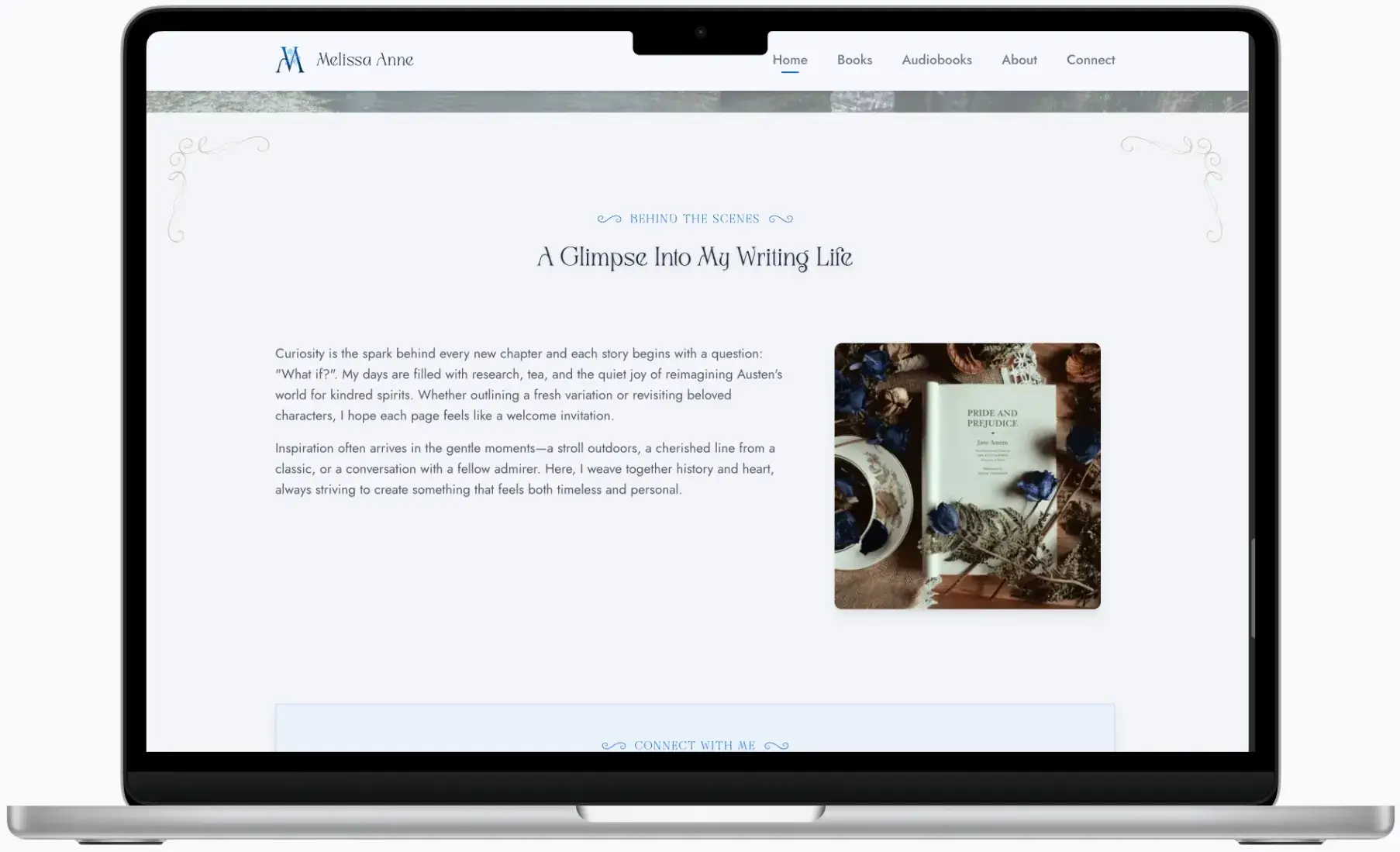 After screenshot: Melissa Anne author website with book catalog, clear navigation, and reader-focused design