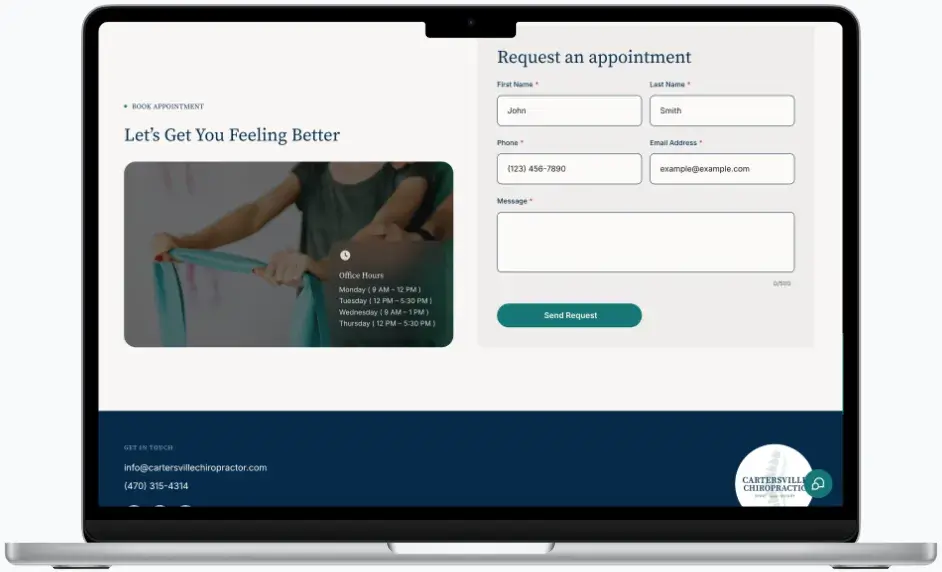 After screenshot: Cartersville Chiropractic website with professional branding, clear services, and patient-focused design