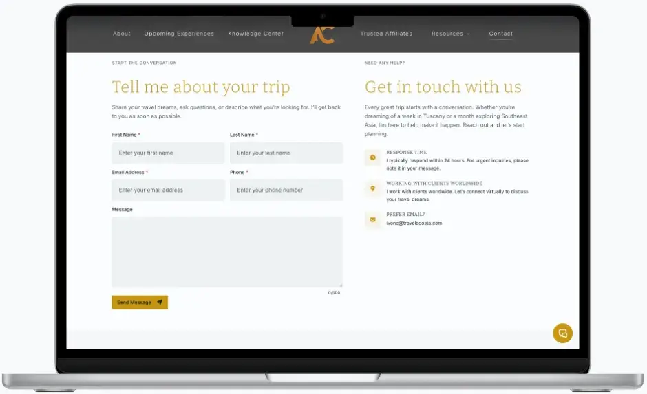 After screenshot: Acosta Curated Travel website with Knowledge Center blog, curated experiences, and sophisticated design