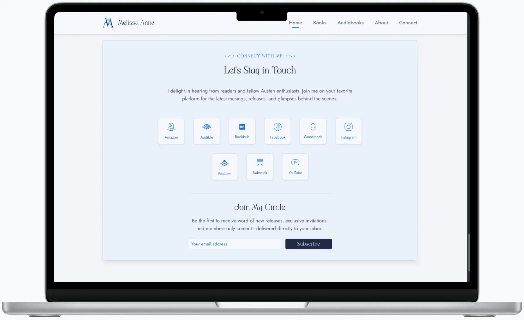 After screenshot: Melissa Anne author website with book catalog, clear navigation, and reader-focused design
