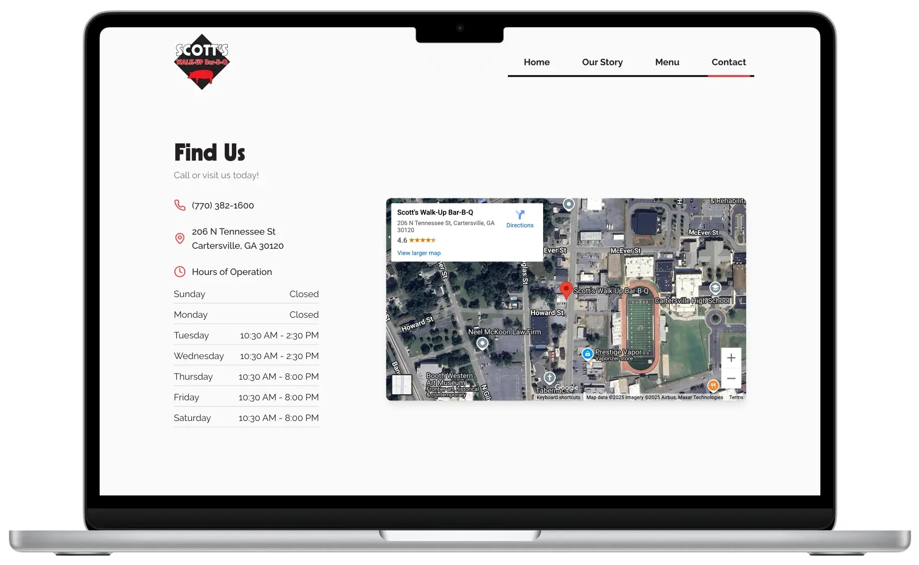 After screenshot: Scott’s Walk-Up Bar-B-Q website with an HTML menu, clear hours, and larger tap targets