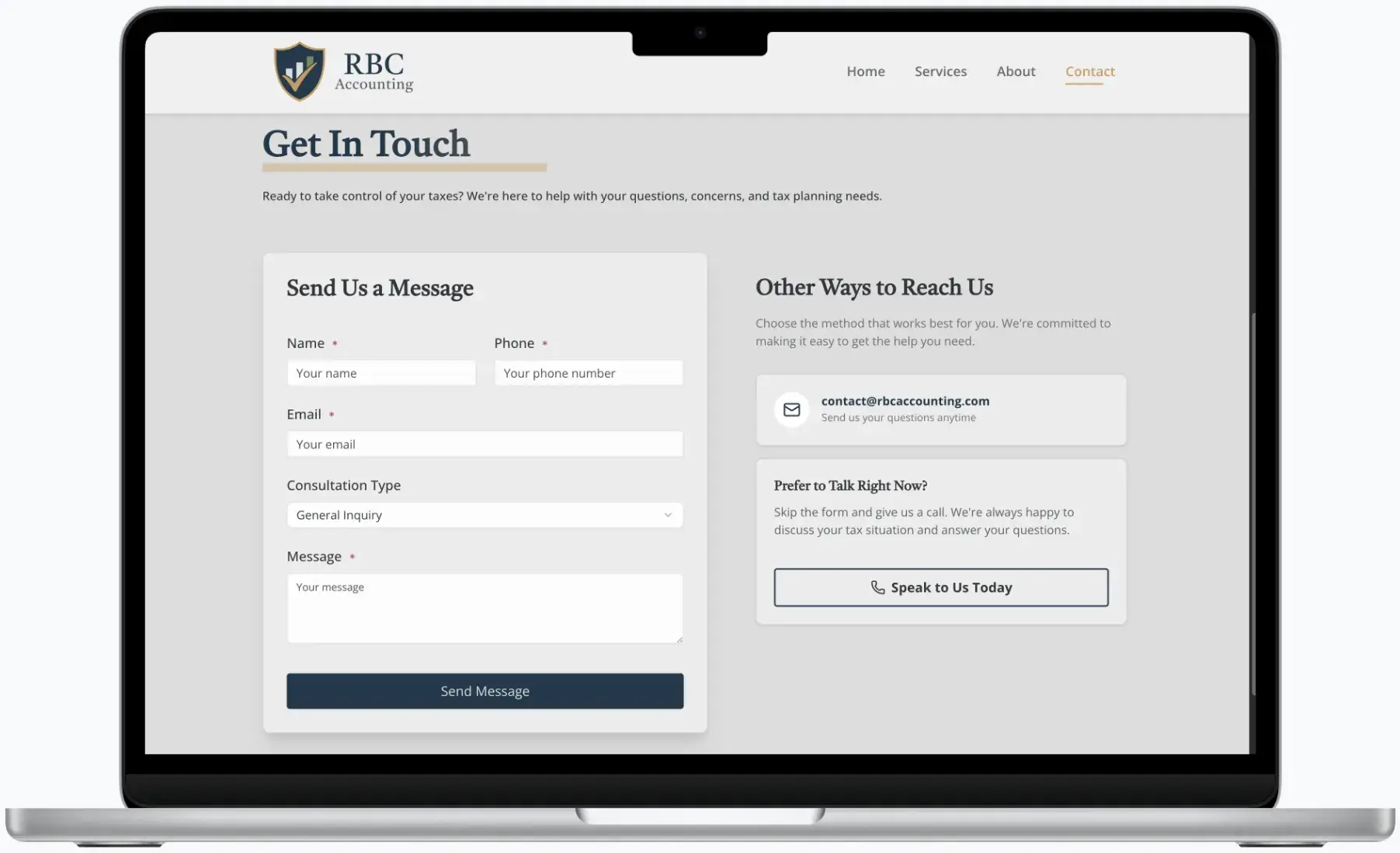 After screenshot: RBC Accounting website with clear tax services, mobile-friendly contact, and trustworthy branding