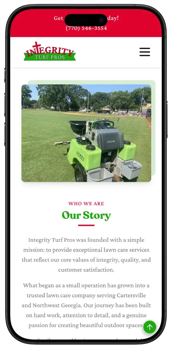 After screenshot: Integrity Turf Pros website with clear services, mobile-friendly contact, and trustworthy branding