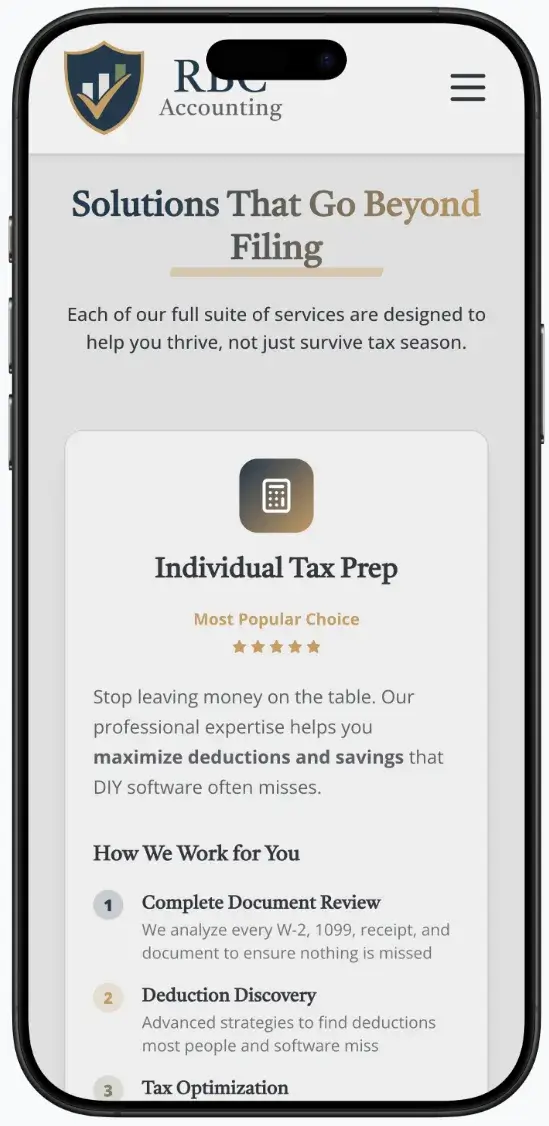 After screenshot: RBC Accounting website with clear tax services, mobile-friendly contact, and trustworthy branding