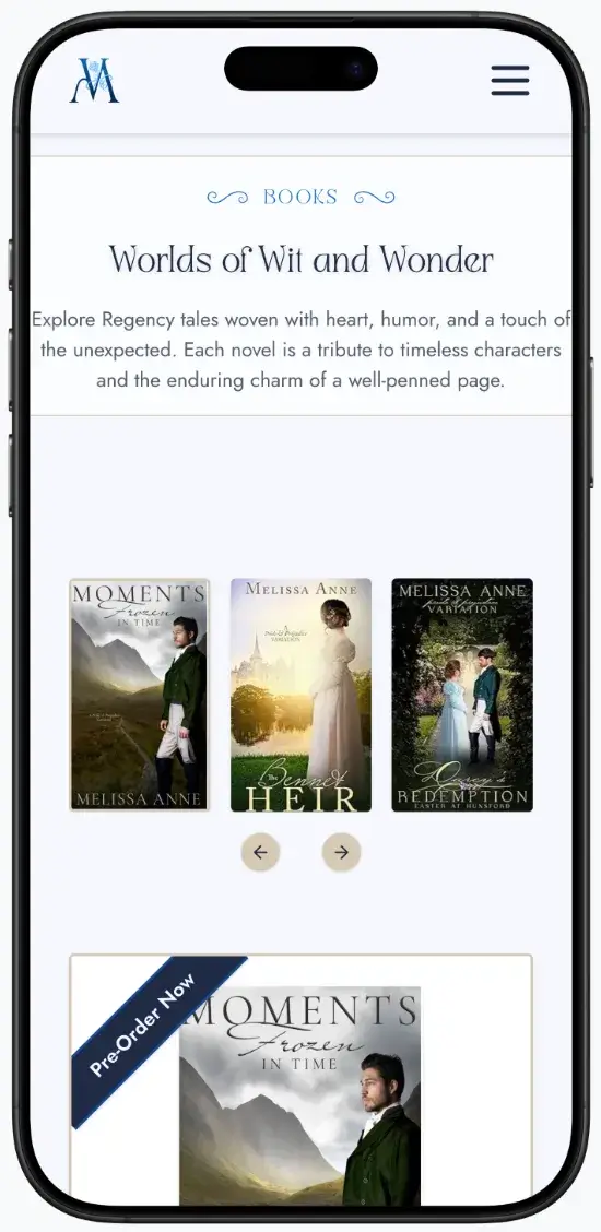 After screenshot: Melissa Anne author website with book catalog, clear navigation, and reader-focused design