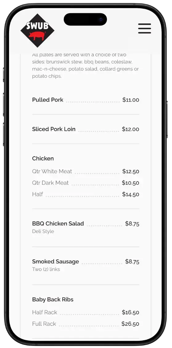 After screenshot: Scott’s Walk-Up Bar-B-Q website with an HTML menu, clear hours, and larger tap targets
