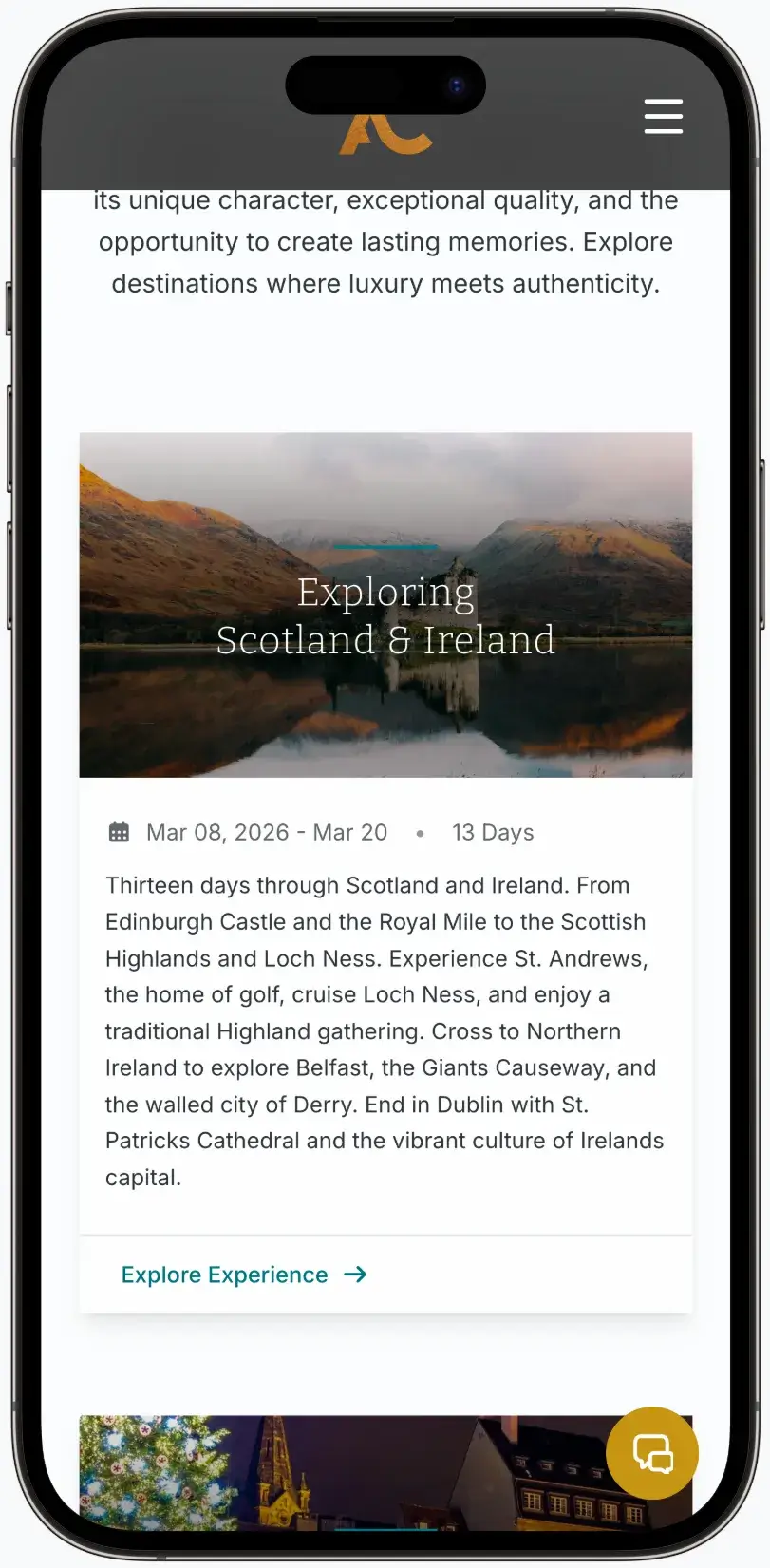 After screenshot: Acosta Curated Travel website with Knowledge Center blog, curated experiences, and sophisticated design