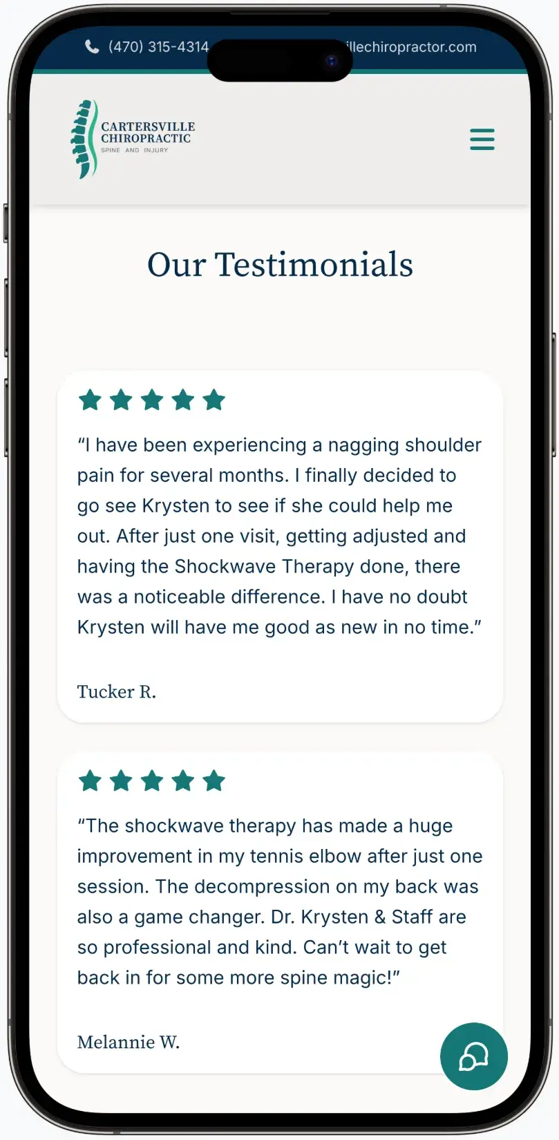 After screenshot: Cartersville Chiropractic website with professional branding, clear services, and patient-focused design