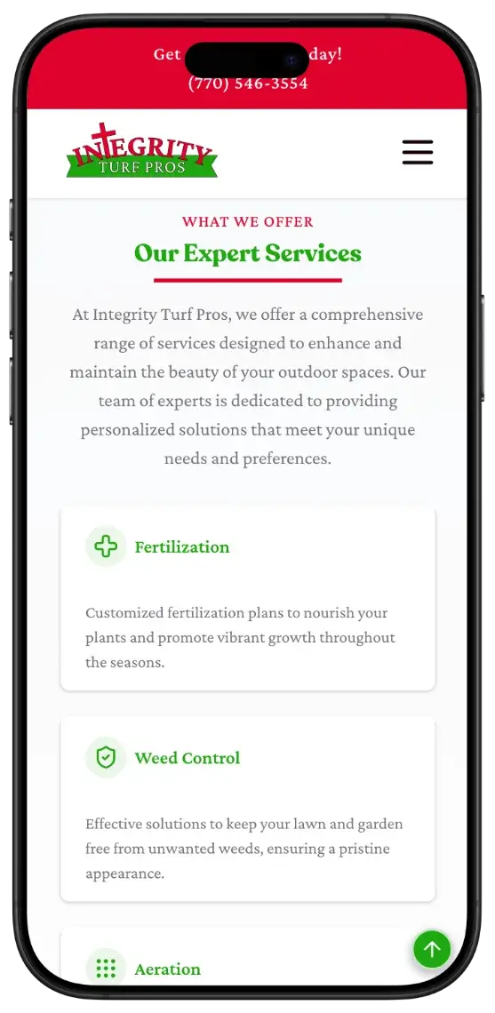 After screenshot: Integrity Turf Pros website with clear services, mobile-friendly contact, and trustworthy branding
