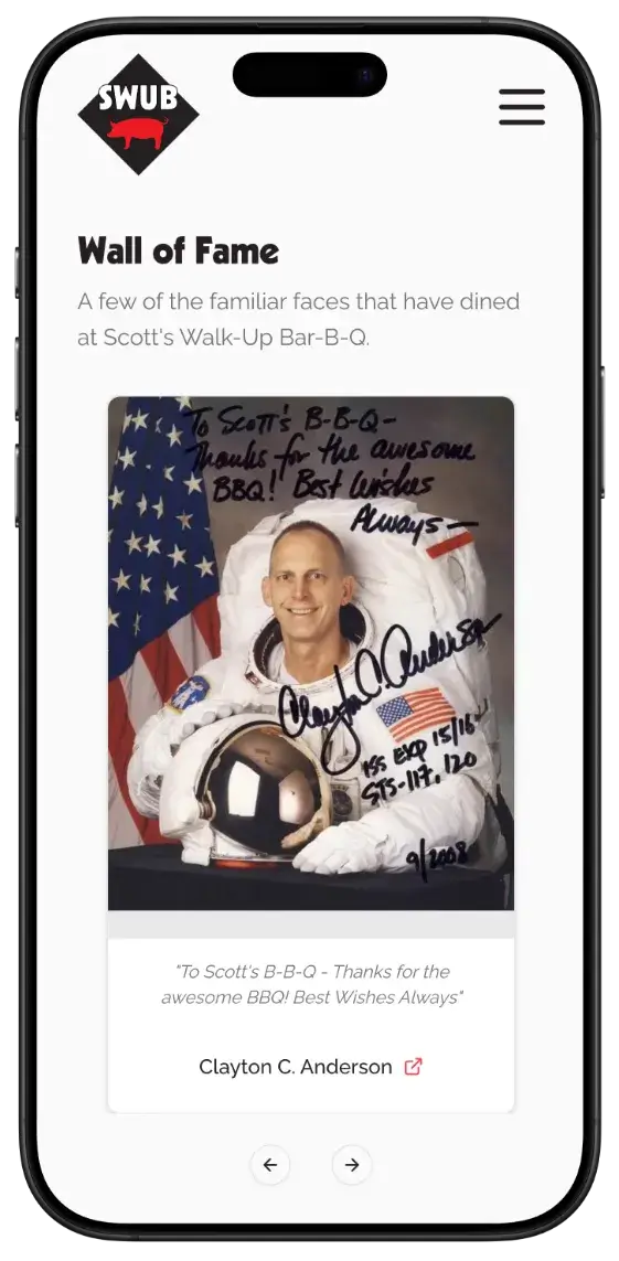 After screenshot: Scott’s Walk-Up Bar-B-Q website with an HTML menu, clear hours, and larger tap targets