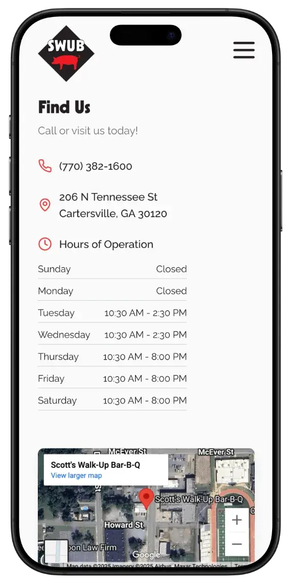 After screenshot: Scott’s Walk-Up Bar-B-Q website with an HTML menu, clear hours, and larger tap targets