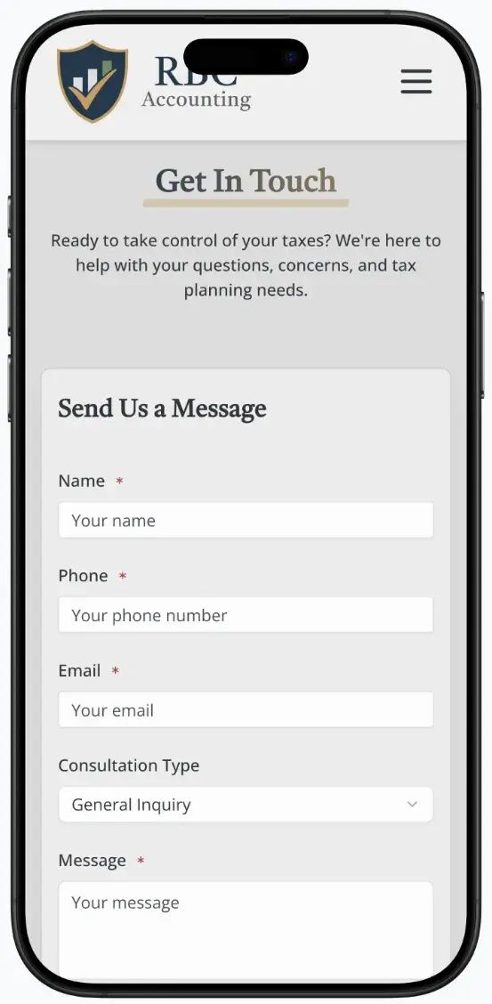 After screenshot: RBC Accounting website with clear tax services, mobile-friendly contact, and trustworthy branding