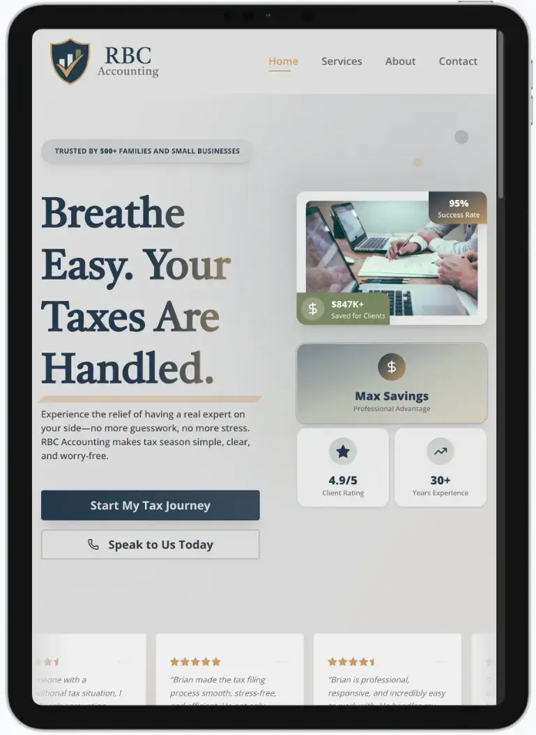 After screenshot: RBC Accounting website with clear tax services, mobile-friendly contact, and trustworthy branding