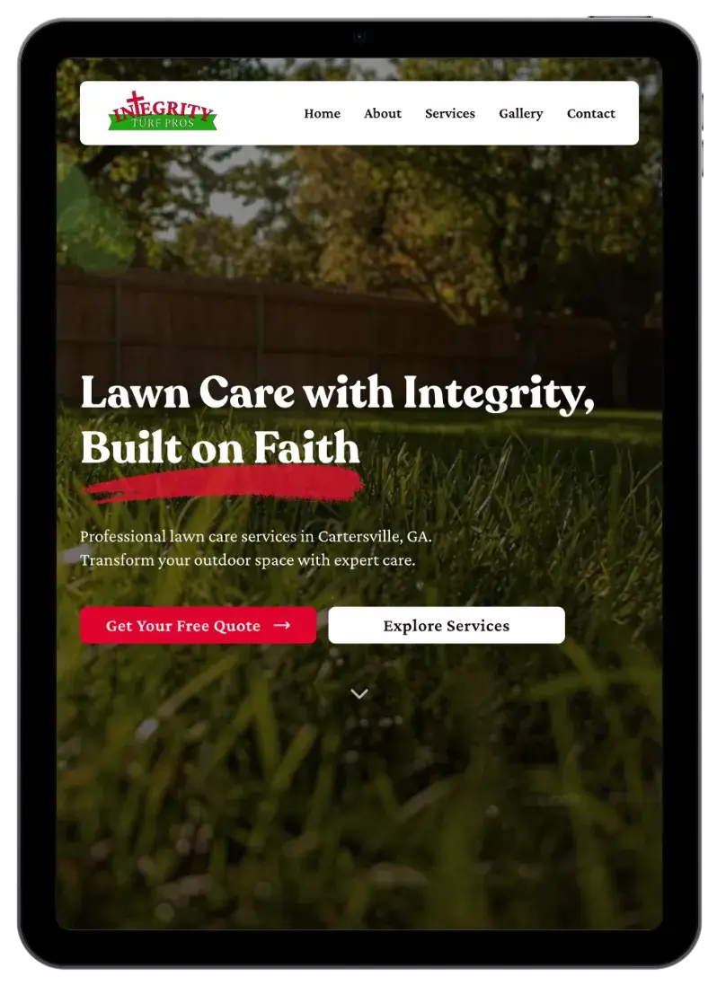 After screenshot: Integrity Turf Pros website with clear services, mobile-friendly contact, and trustworthy branding