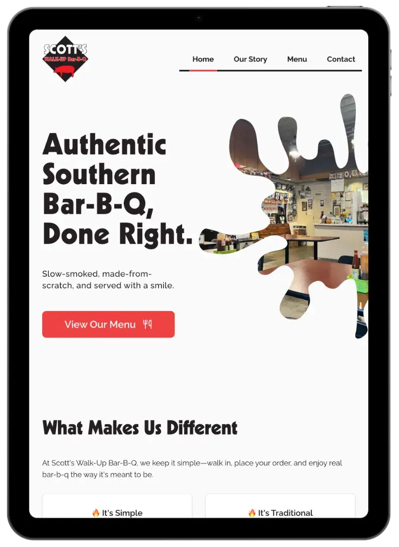 After screenshot: Scott’s Walk-Up Bar-B-Q website with an HTML menu, clear hours, and larger tap targets