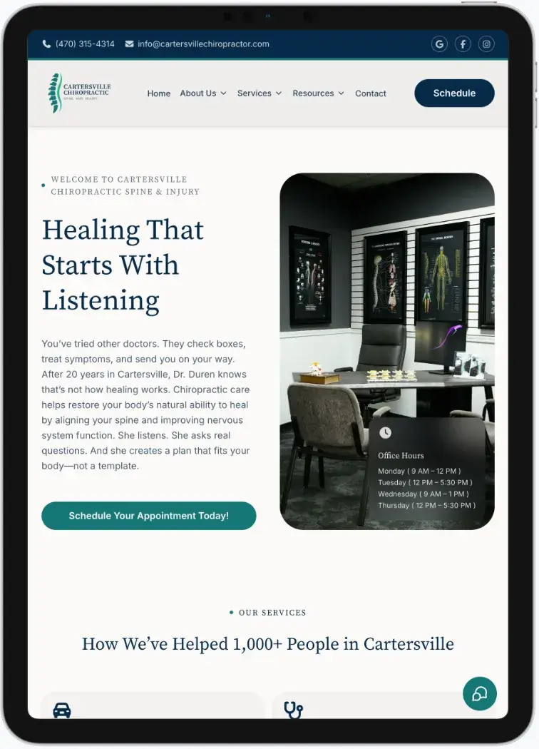 After screenshot: Cartersville Chiropractic website with professional branding, clear services, and patient-focused design