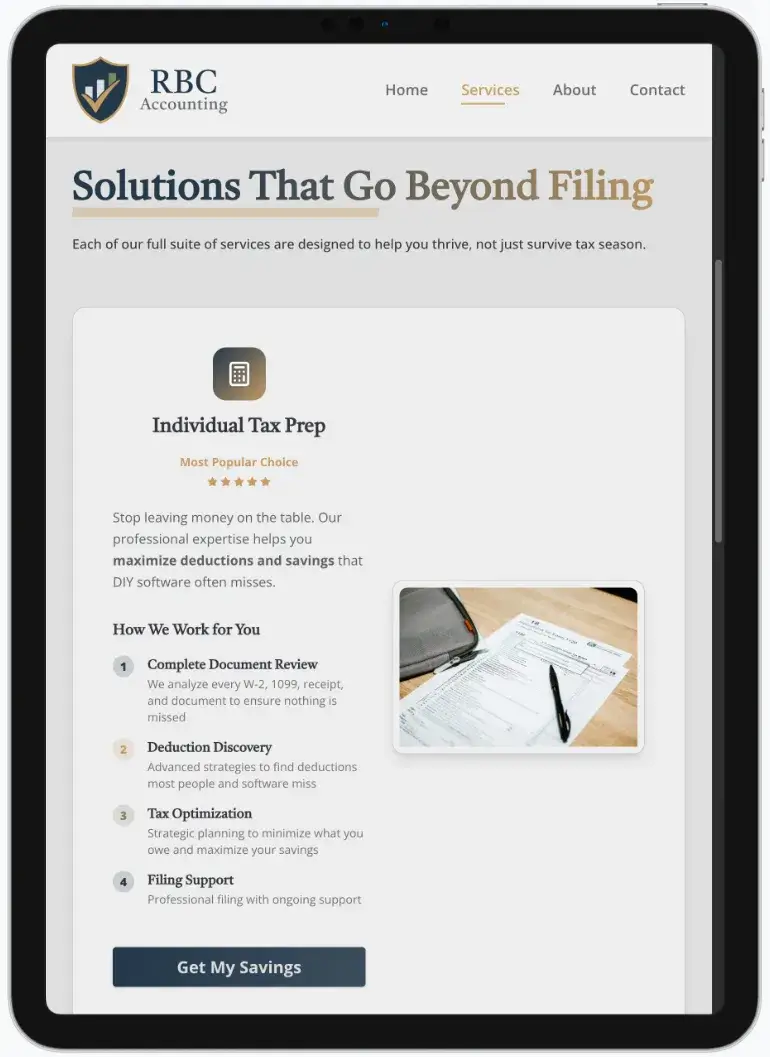 After screenshot: RBC Accounting website with clear tax services, mobile-friendly contact, and trustworthy branding