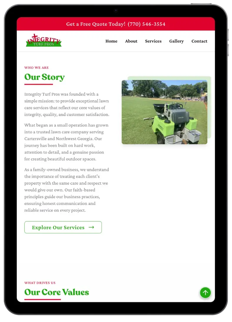 After screenshot: Integrity Turf Pros website with clear services, mobile-friendly contact, and trustworthy branding