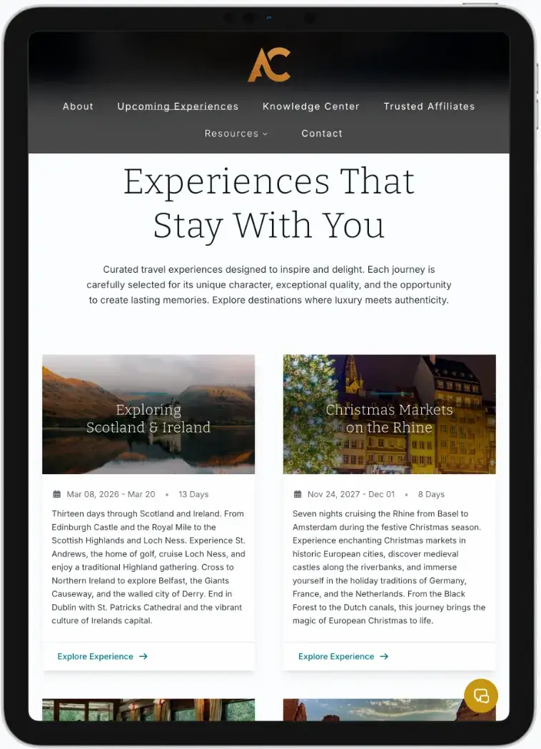 After screenshot: Acosta Curated Travel website with Knowledge Center blog, curated experiences, and sophisticated design