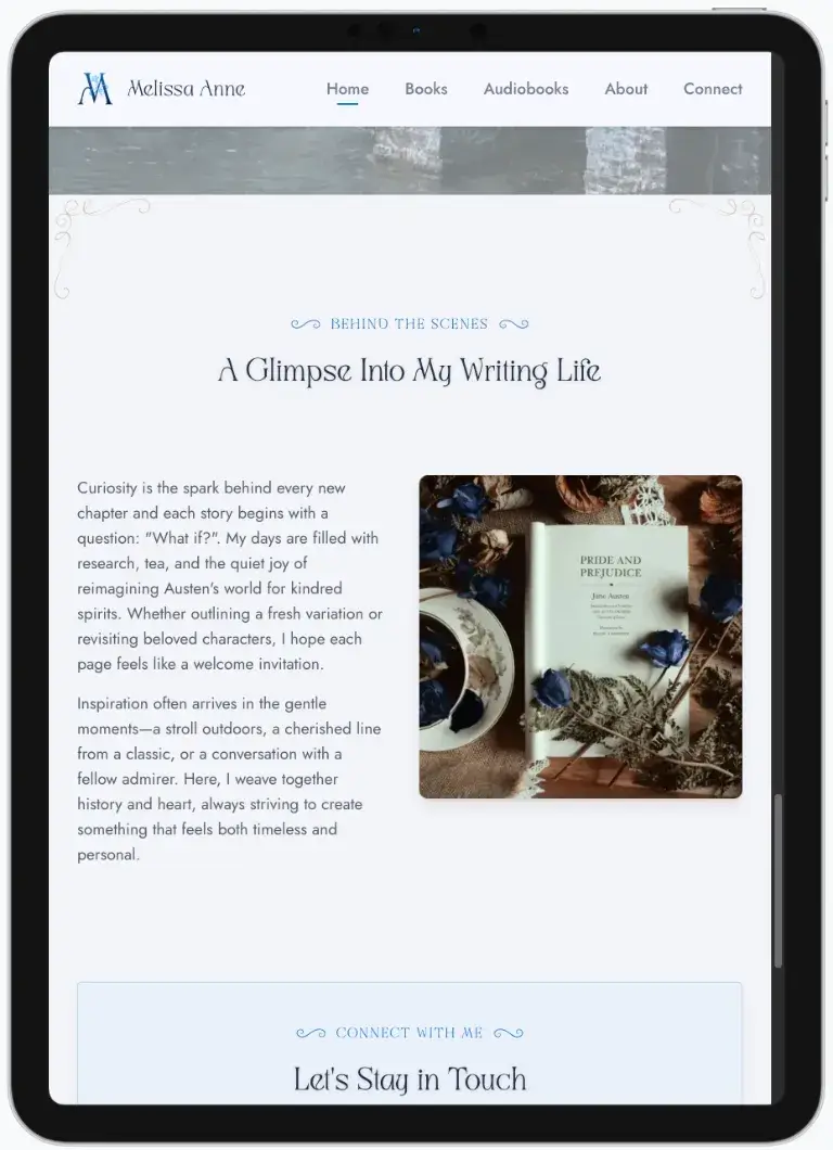 After screenshot: Melissa Anne author website with book catalog, clear navigation, and reader-focused design