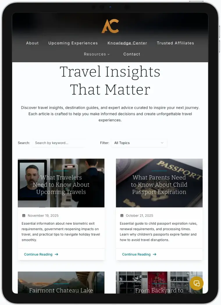 After screenshot: Acosta Curated Travel website with Knowledge Center blog, curated experiences, and sophisticated design