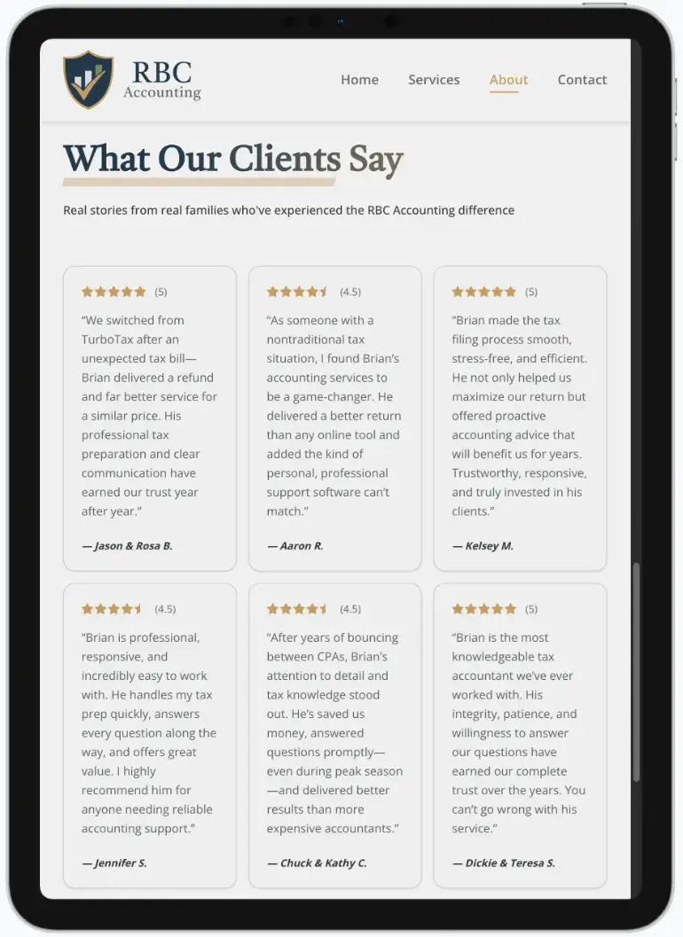 After screenshot: RBC Accounting website with clear tax services, mobile-friendly contact, and trustworthy branding