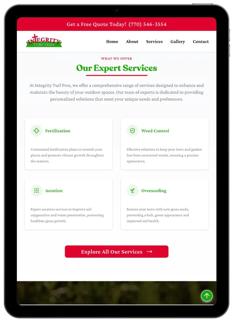 After screenshot: Integrity Turf Pros website with clear services, mobile-friendly contact, and trustworthy branding