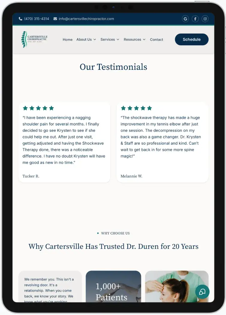 After screenshot: Cartersville Chiropractic website with professional branding, clear services, and patient-focused design