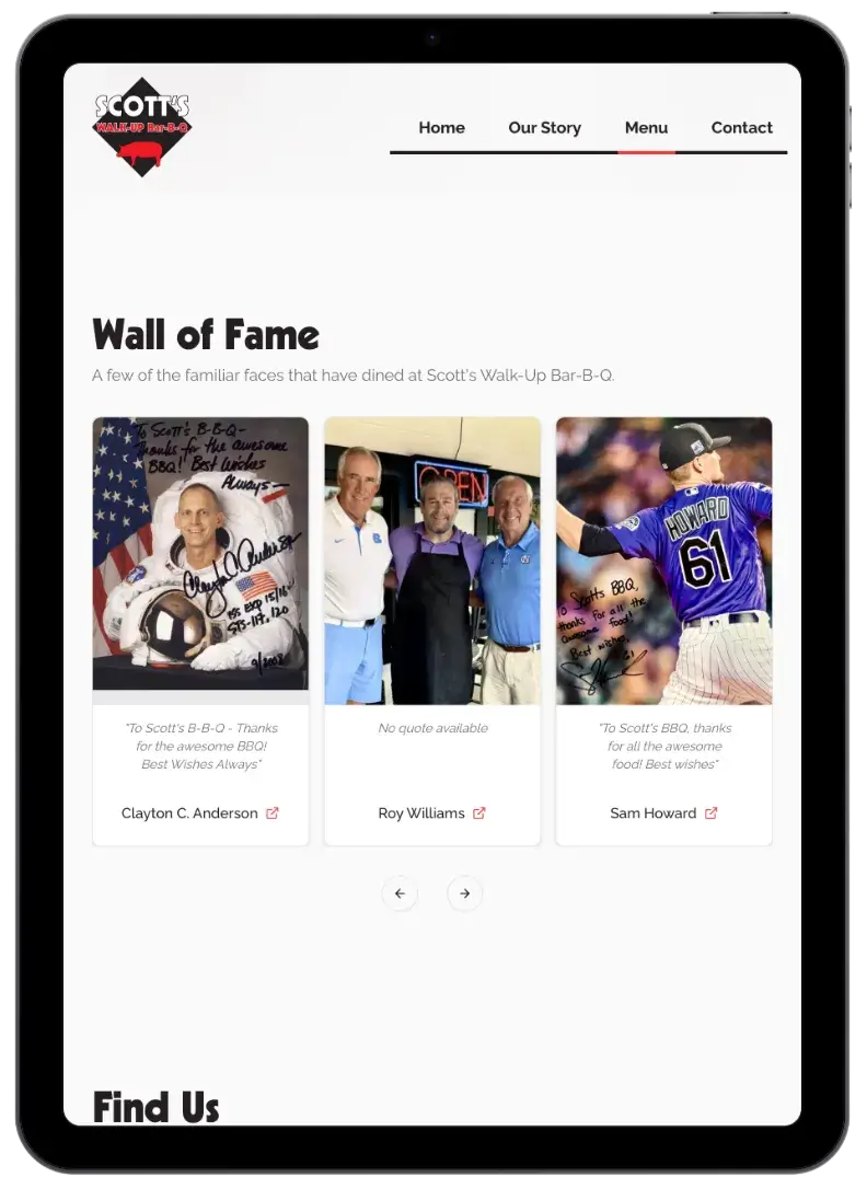 After screenshot: Scott’s Walk-Up Bar-B-Q website with an HTML menu, clear hours, and larger tap targets