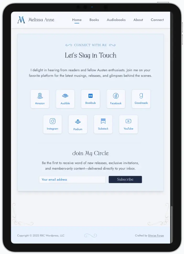 After screenshot: Melissa Anne author website with book catalog, clear navigation, and reader-focused design