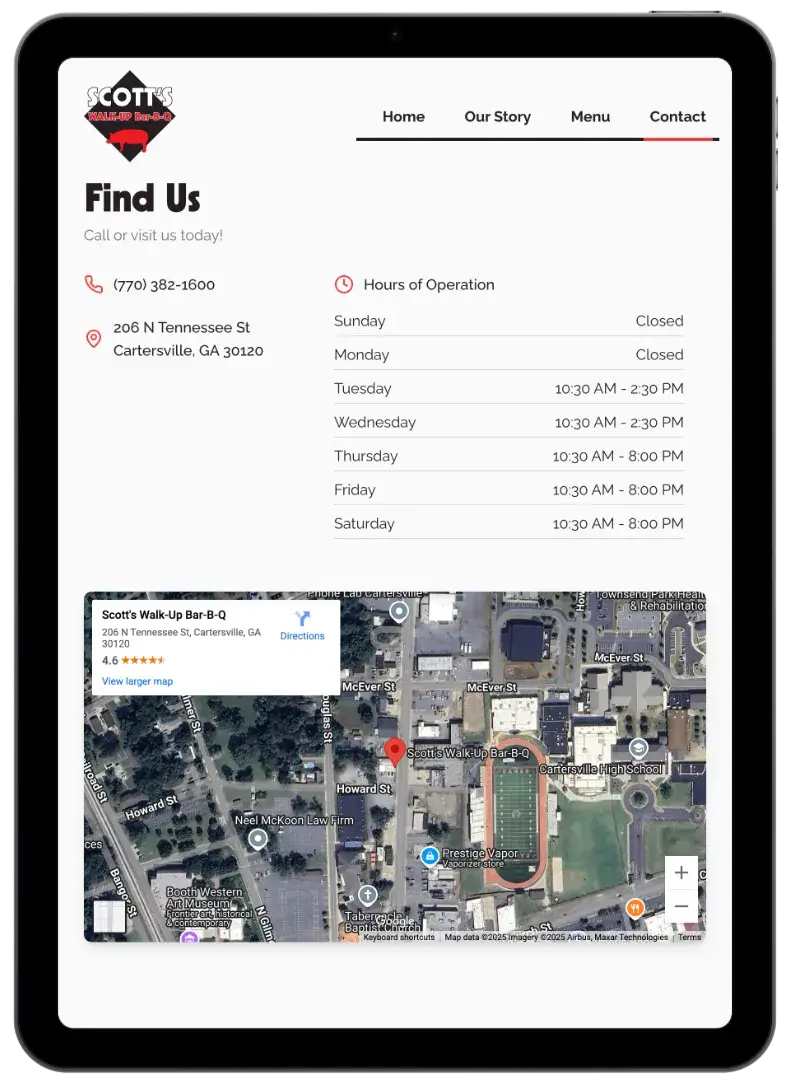 After screenshot: Scott’s Walk-Up Bar-B-Q website with an HTML menu, clear hours, and larger tap targets