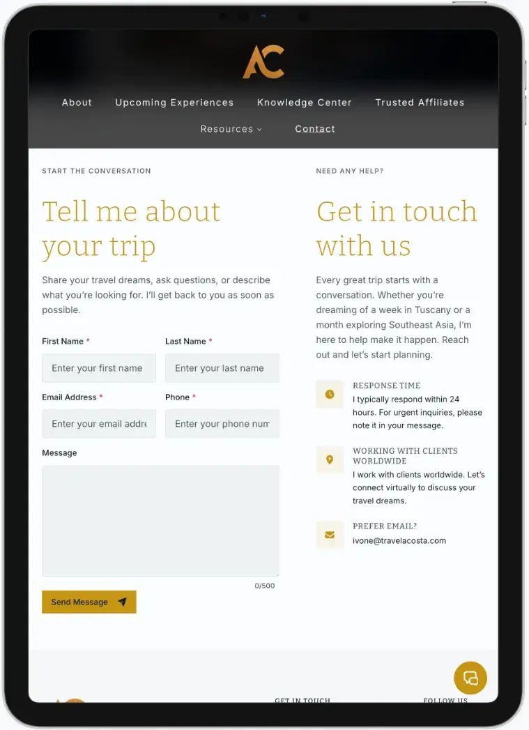 After screenshot: Acosta Curated Travel website with Knowledge Center blog, curated experiences, and sophisticated design