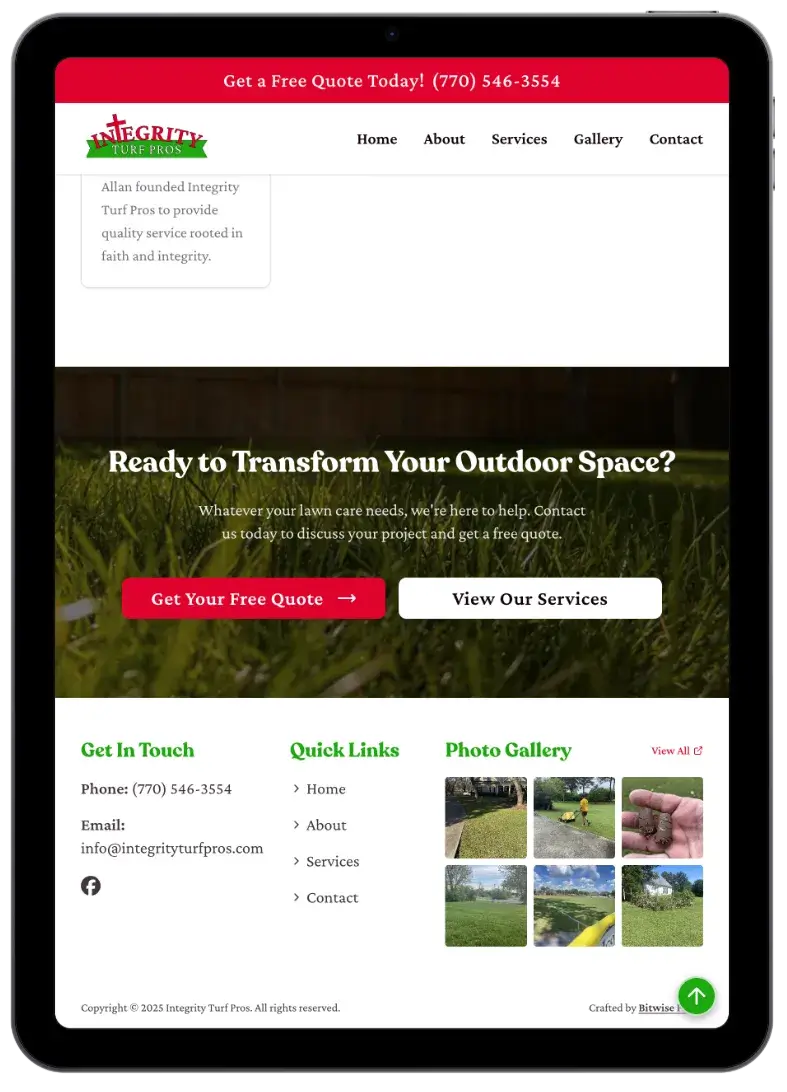 After screenshot: Integrity Turf Pros website with clear services, mobile-friendly contact, and trustworthy branding