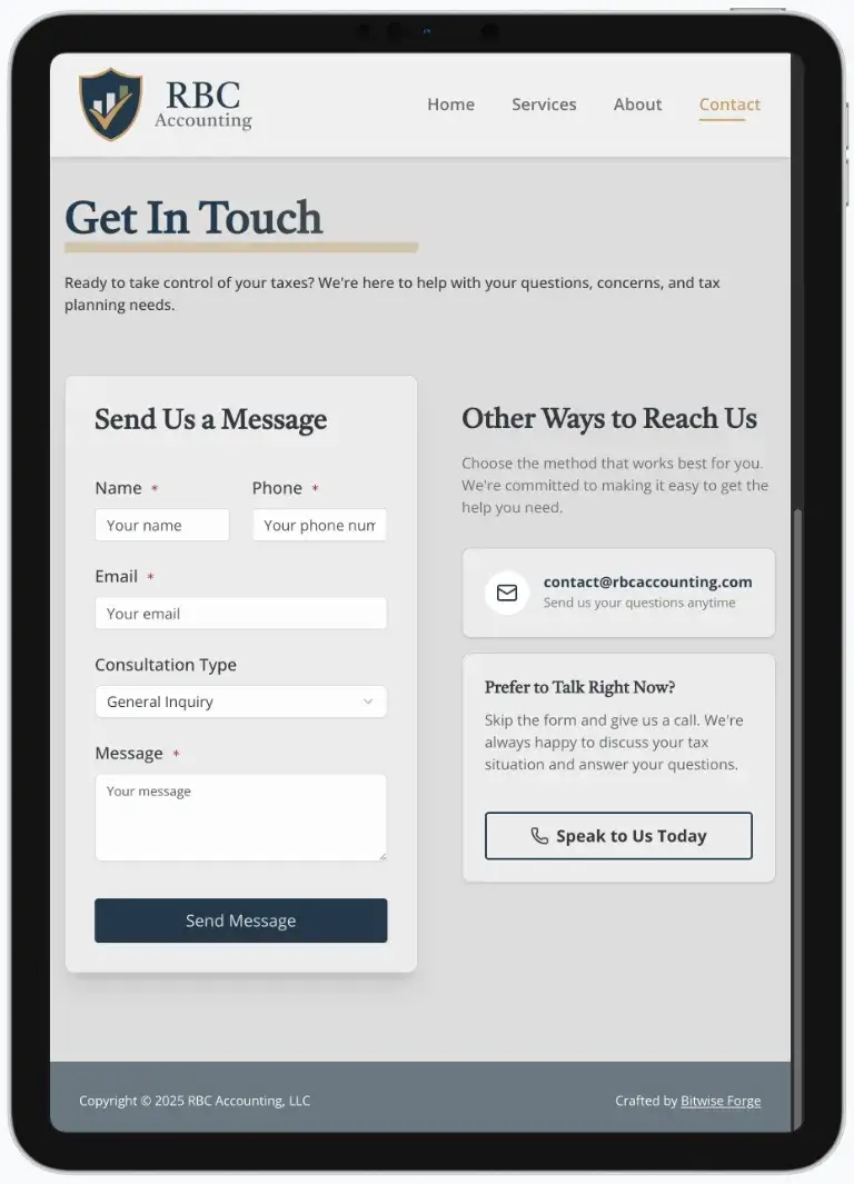 After screenshot: RBC Accounting website with clear tax services, mobile-friendly contact, and trustworthy branding