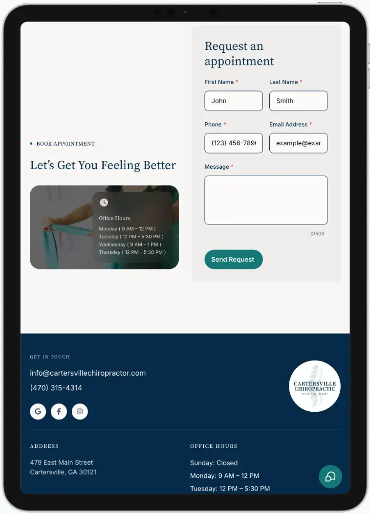 After screenshot: Cartersville Chiropractic website with professional branding, clear services, and patient-focused design