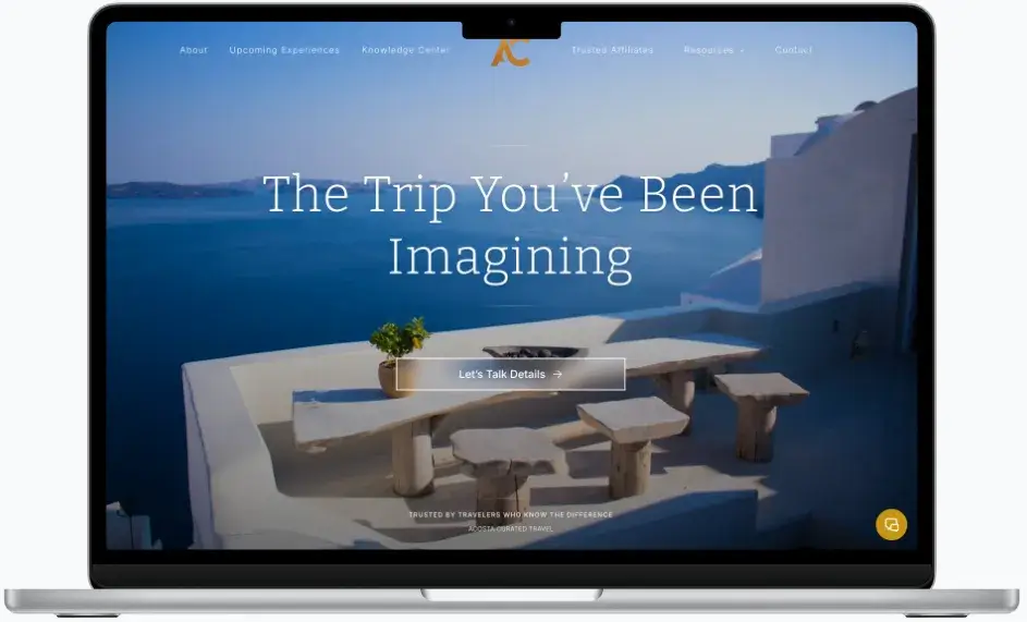 After screenshot: Acosta Curated Travel website with Knowledge Center blog, curated experiences, and sophisticated design