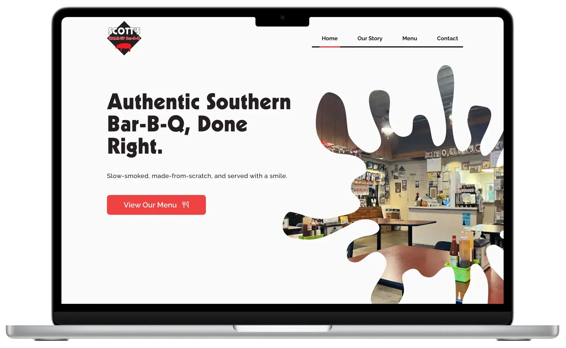 After screenshot: Scott’s Walk-Up Bar-B-Q website with an HTML menu, clear hours, and larger tap targets