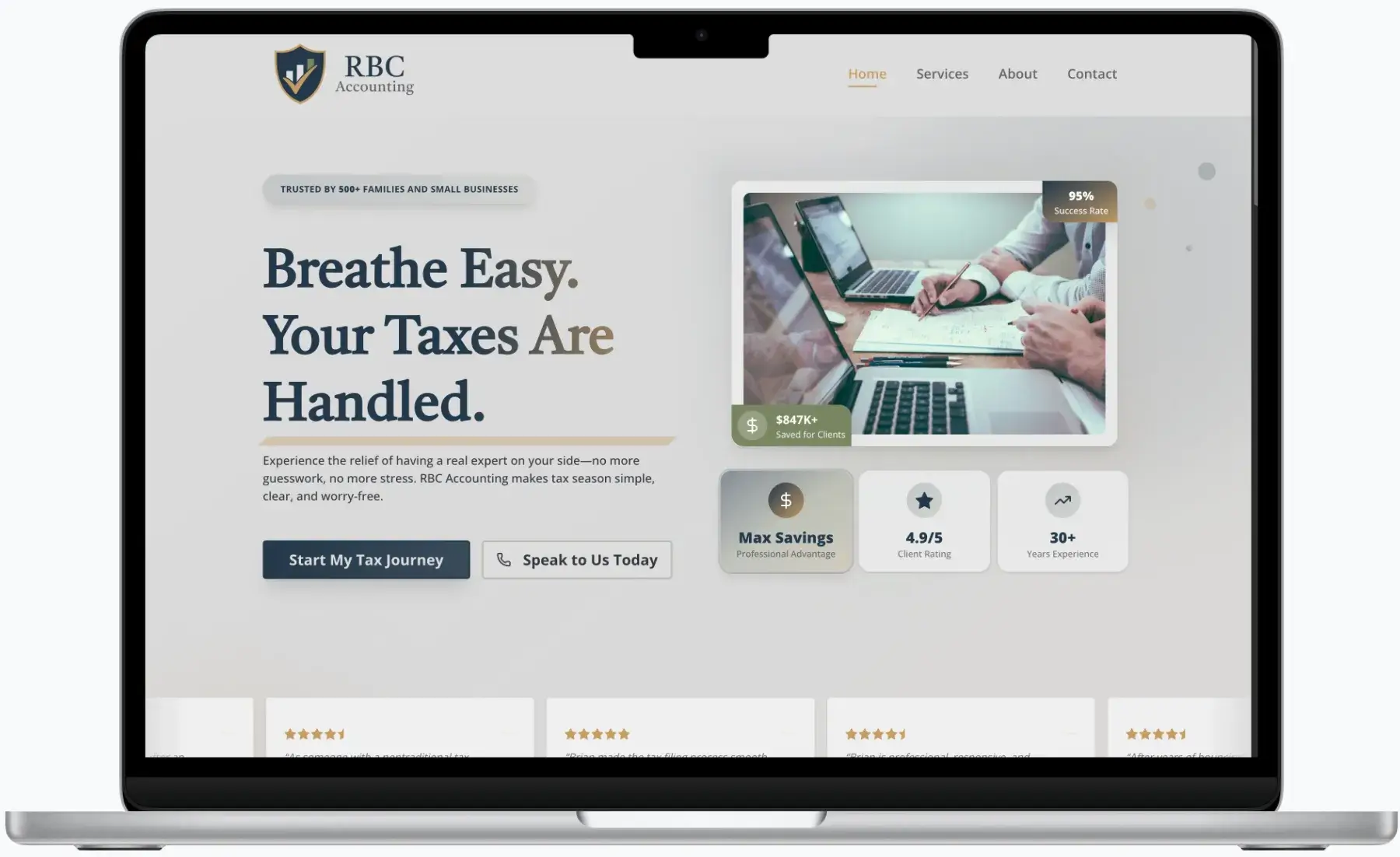 After screenshot: RBC Accounting website with clear tax services, mobile-friendly contact, and trustworthy branding