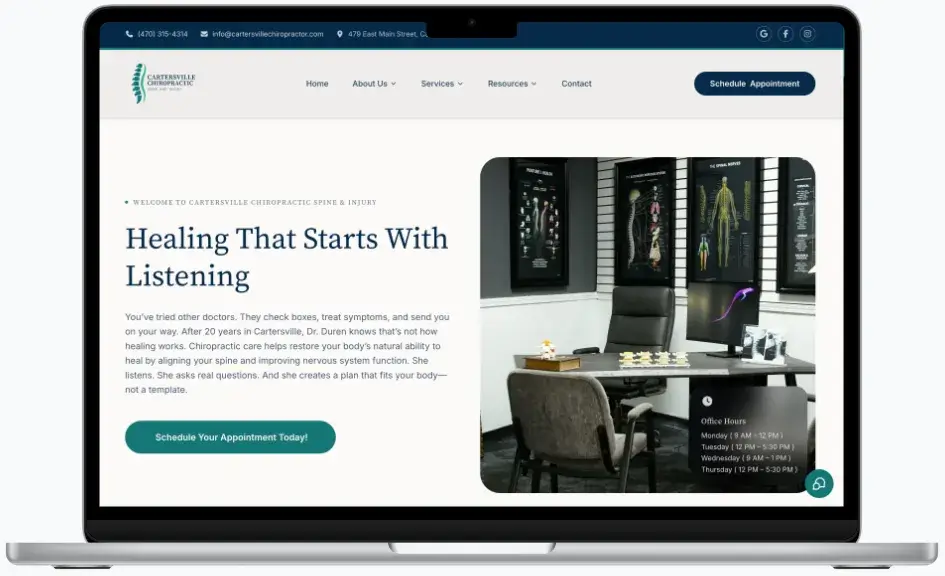 After screenshot: Cartersville Chiropractic website with professional branding, clear services, and patient-focused design