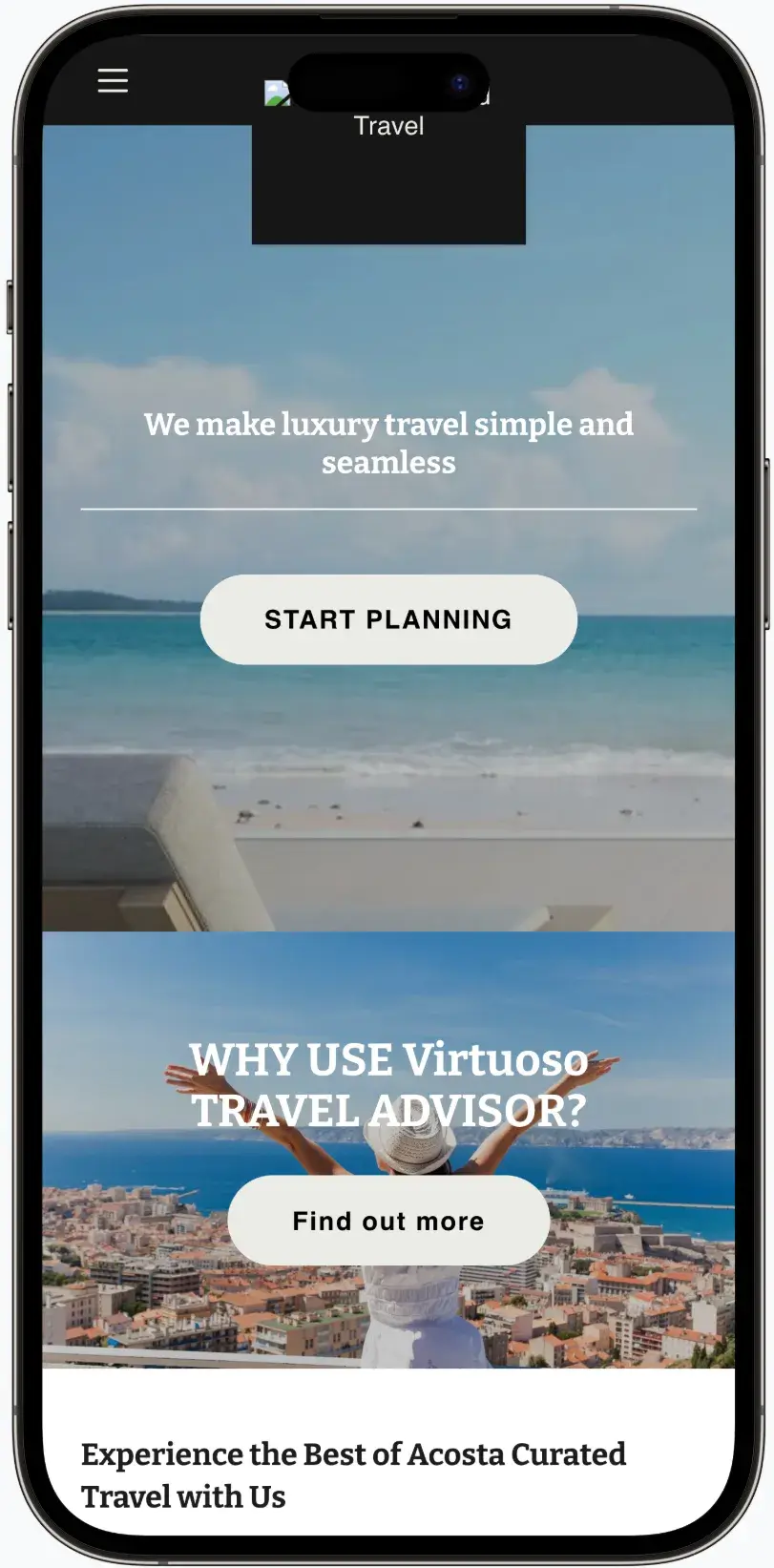 Before screenshot: Acosta Curated Travel website with GoDaddy Airo platform