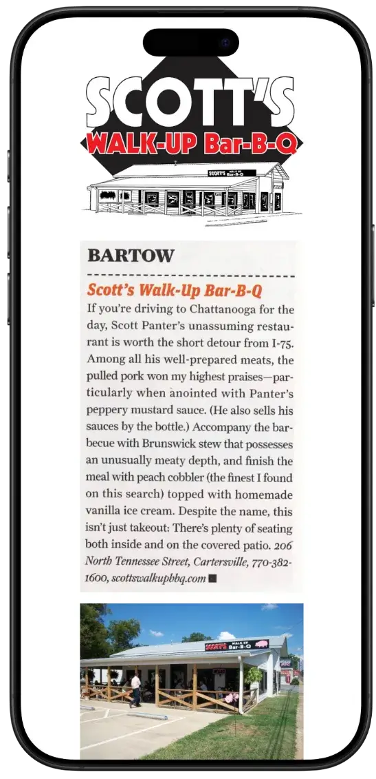 Before screenshot: Scott’s Walk-Up Bar-B-Q website with legacy layout and a PDF menu