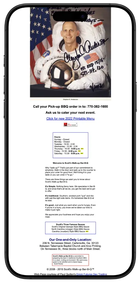 Before screenshot: Scott’s Walk-Up Bar-B-Q website with legacy layout and a PDF menu